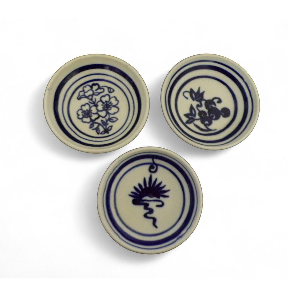 Studio Pottery Rustic Earthenware Bowls (3) Floral Patterns Cobalt Blue 6"